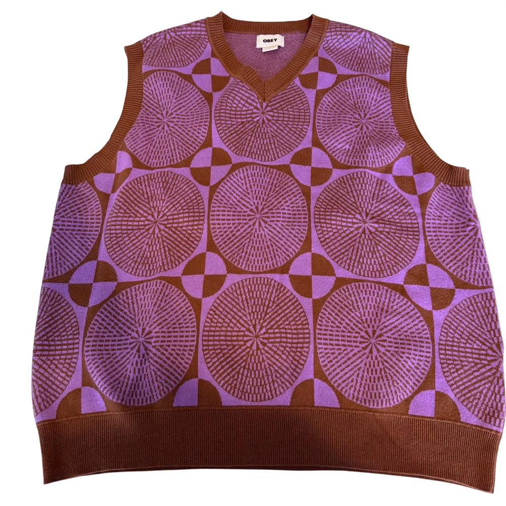 Obey Brown and Purple Geometric V-Neck Sweater Vest